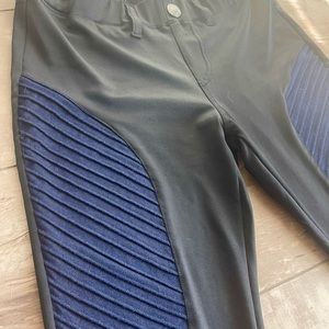 Moto Pants, Leather Look with Ribbed and Smooth Denim accent panels.